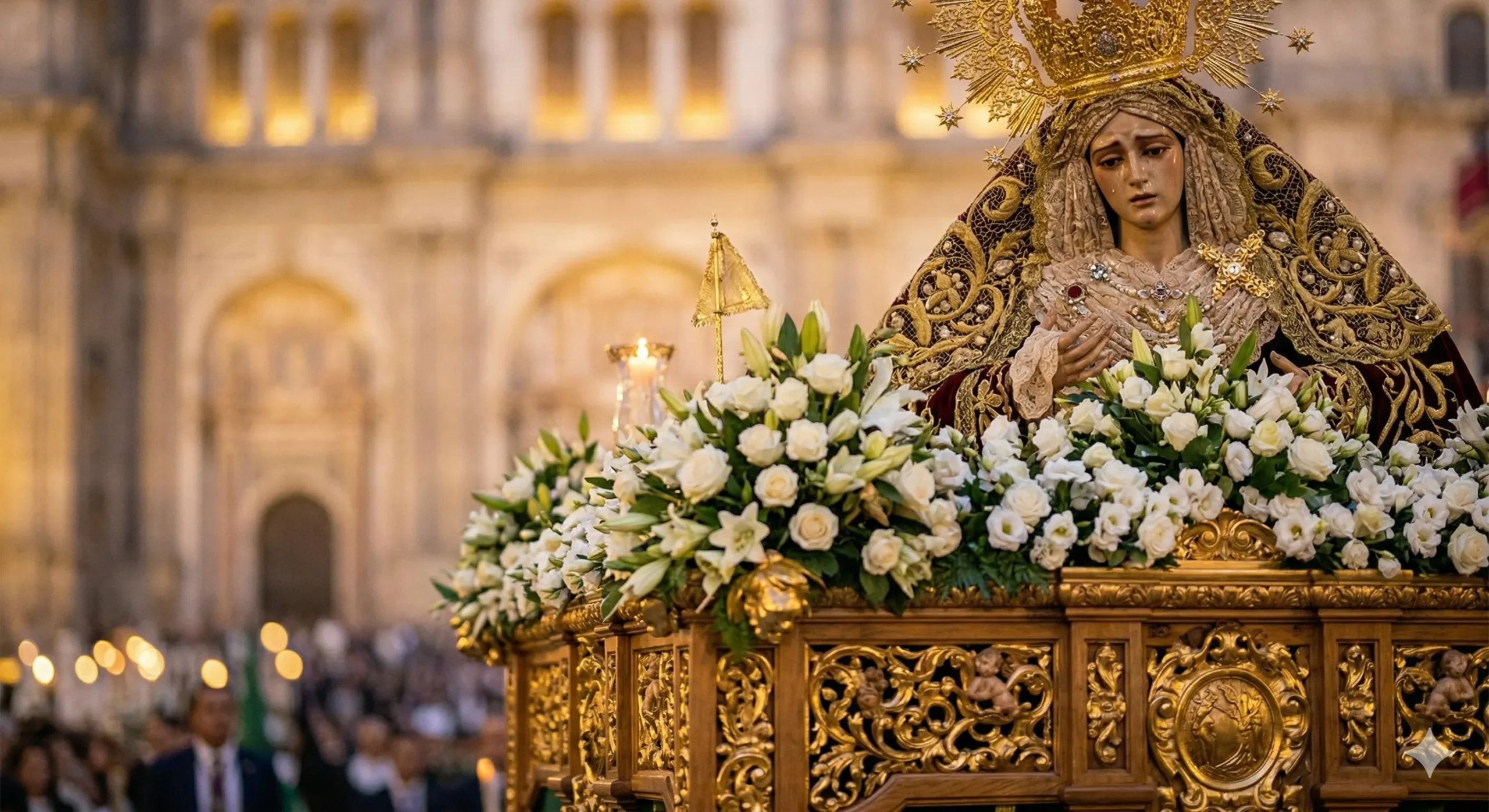 Primer plano detallado de una Virgen de la Semana Santa de Málaga procesionando de noche, con manto bordado en oro, corona y rodeada de candelabros con velas encendidas y flores blancas, frente a la Catedral de la Encarnación desenfocada.